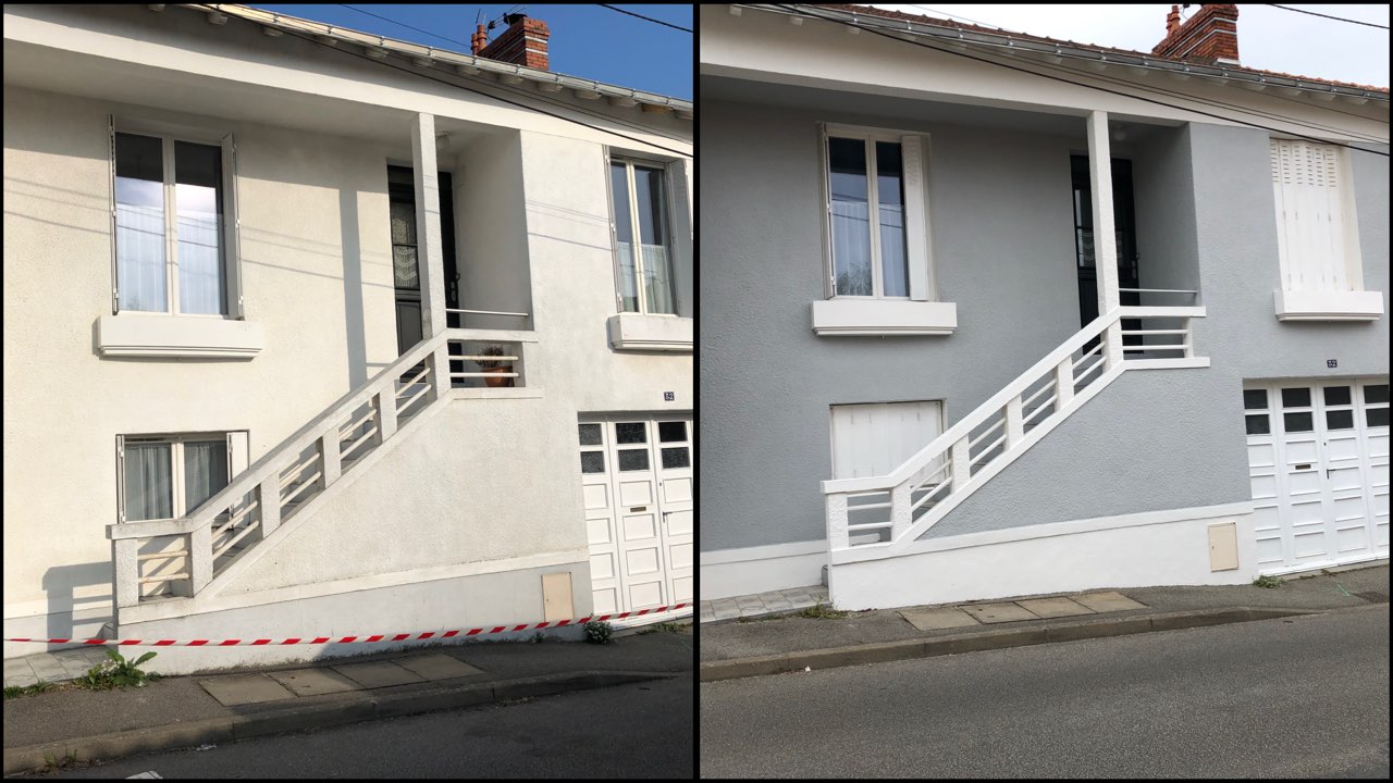 Façade de maison avant/après : préparation et peinture extérieure gris clair, finitions blanches