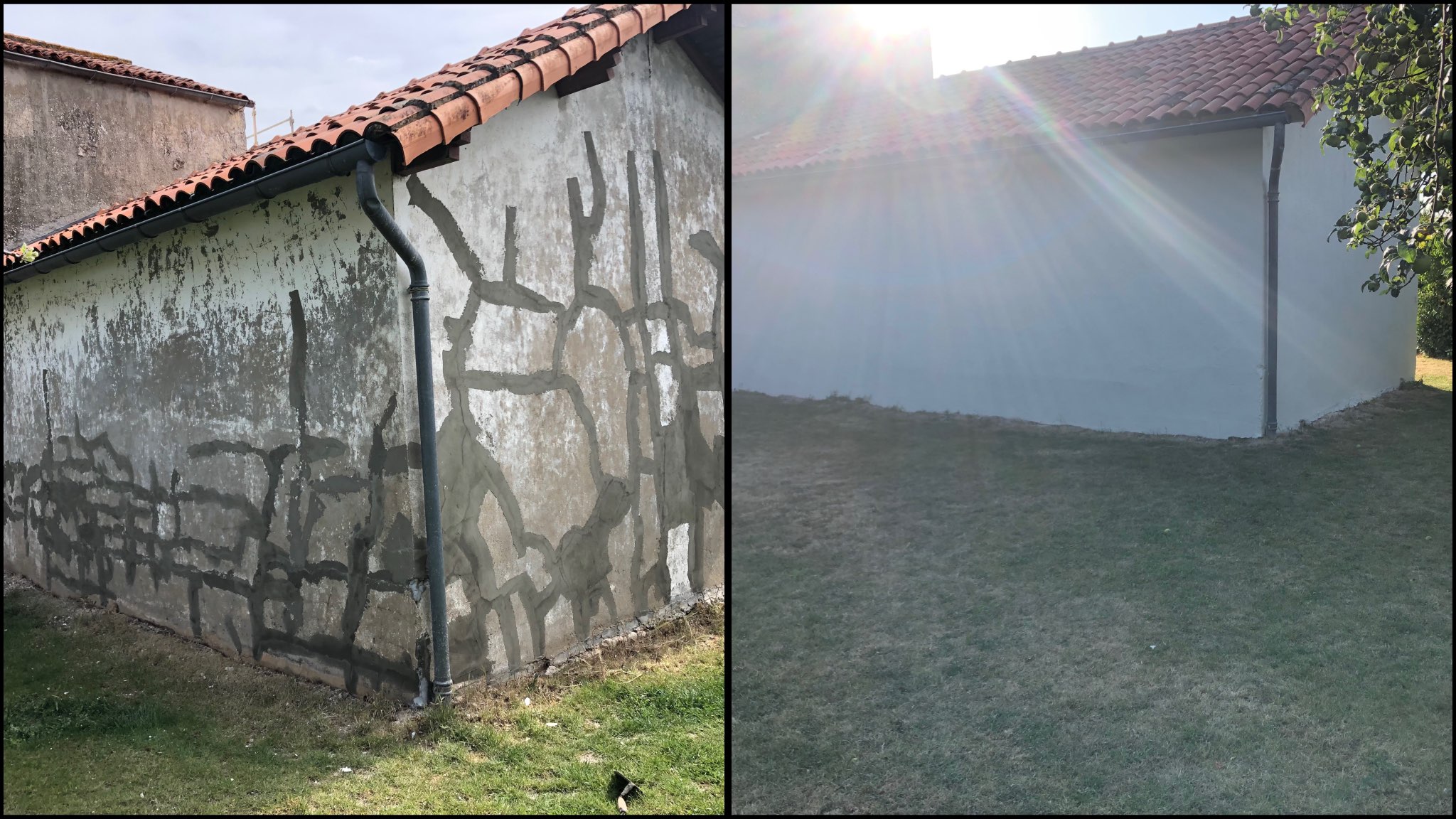 Façade avant/après : rebouchage localisé des fissures puis peinture extérieure protectrice